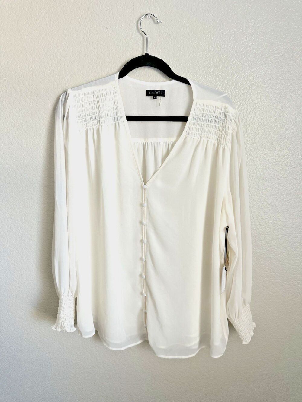 NEW 1. State Blouse Size 2X White Chiffon Smocked Yoke Long Balloon Sleeves Top